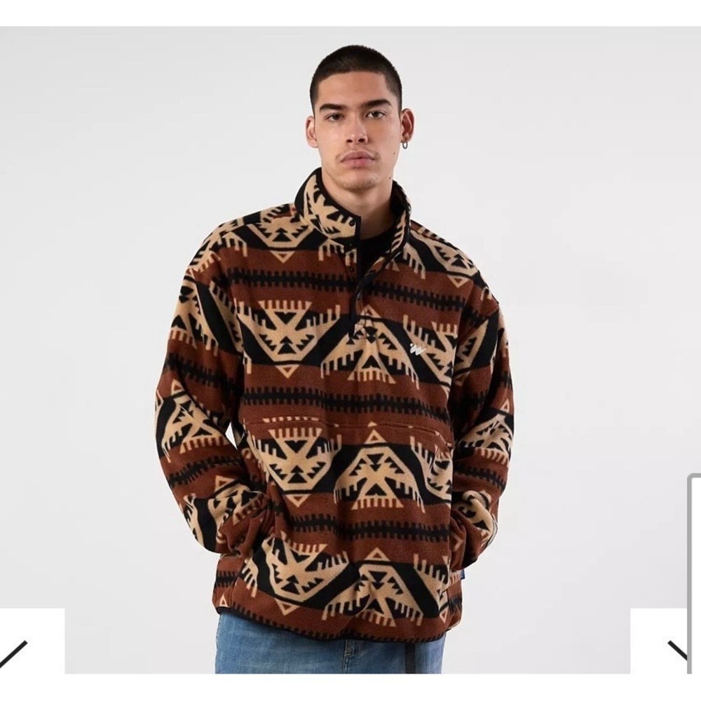 Without Walls Aztec Fleece Pullover Mens Small Brown Geometric Snap Mock Neck